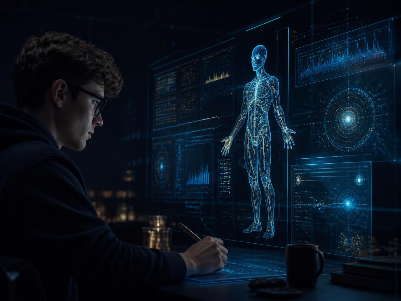 Student-athlete working at a desk with holographic data displays