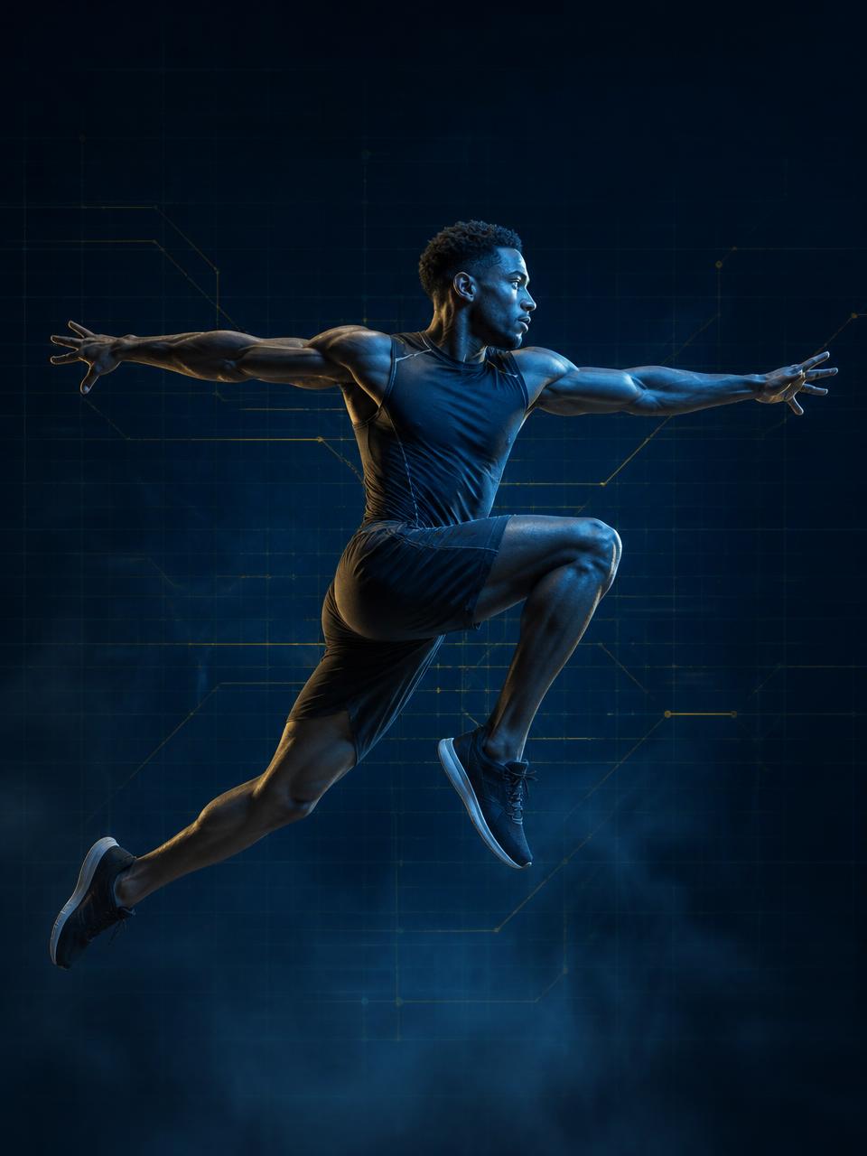 Athlete mid-jump with arms extended