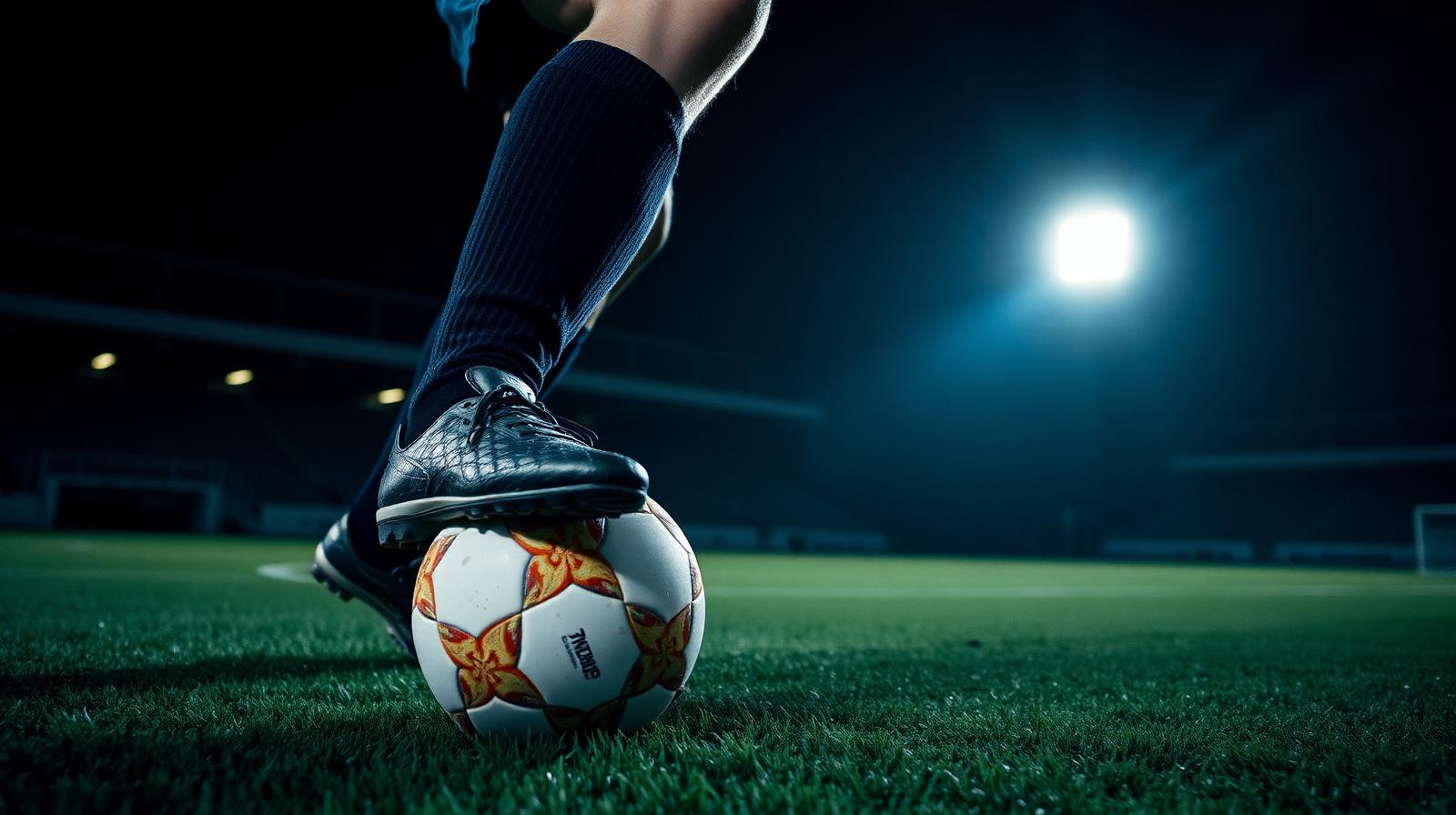 A soccer boot cushioning the ball on night turf under a single stadium light