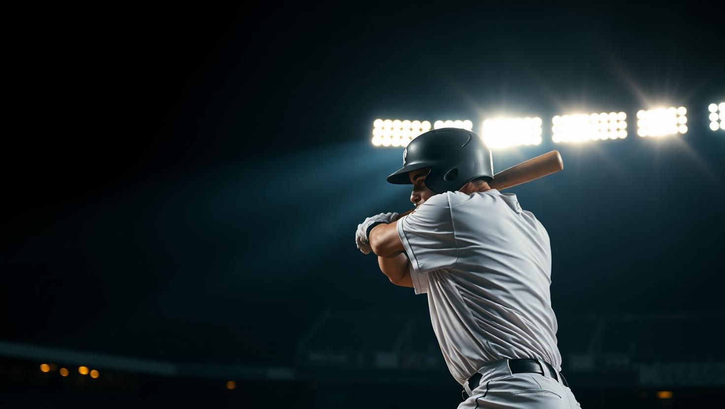 A baseball hitter mid-stance under stadium lights