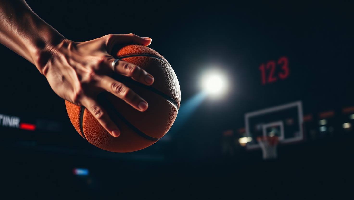A hand gripping a basketball under a single arena light