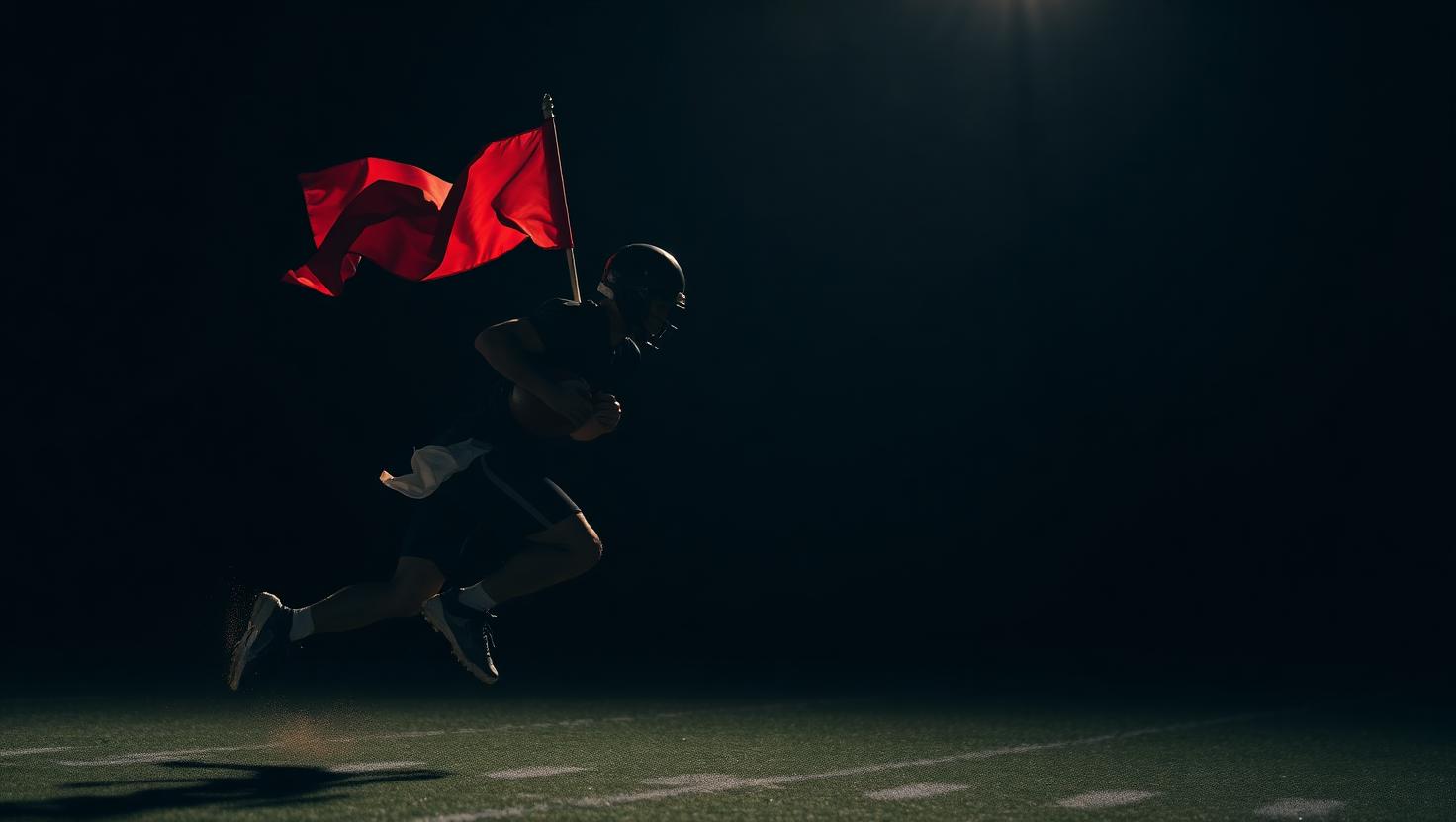 A flag football player sprinting in the dark with a red flag