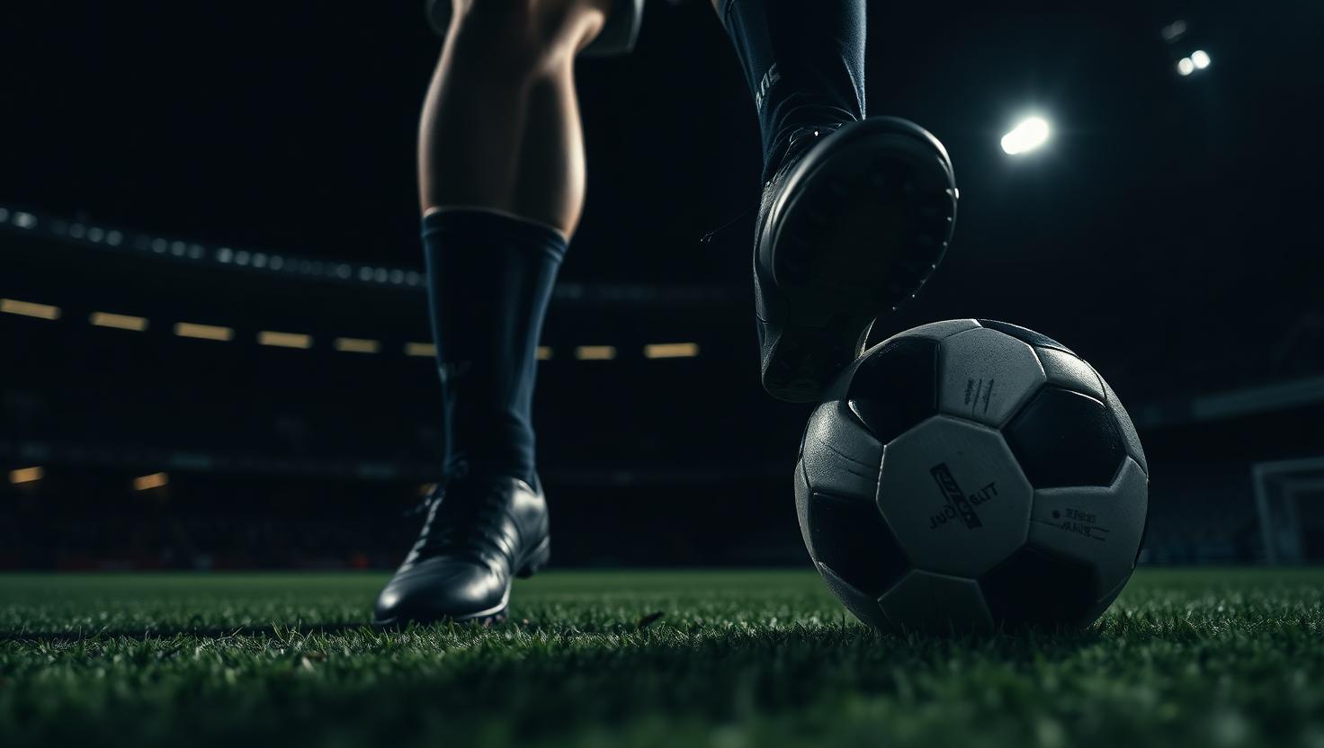 A soccer boot at contact with the ball on night turf