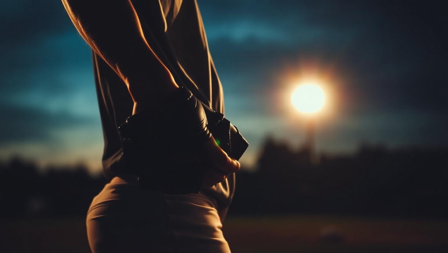 A softball player's gloved hand silhouetted against a field light at dusk