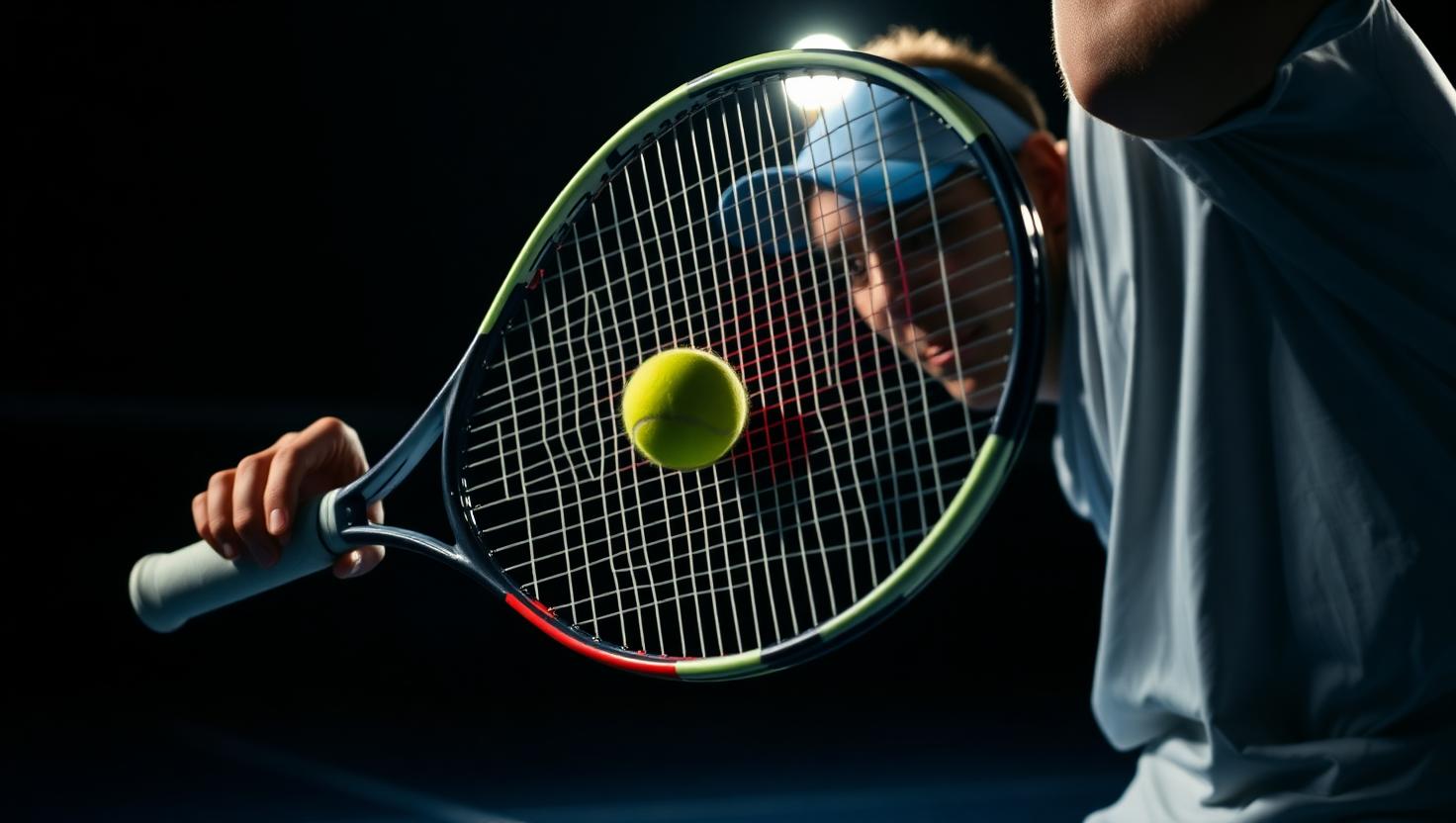 A tennis racquet at contact with the ball under a court light