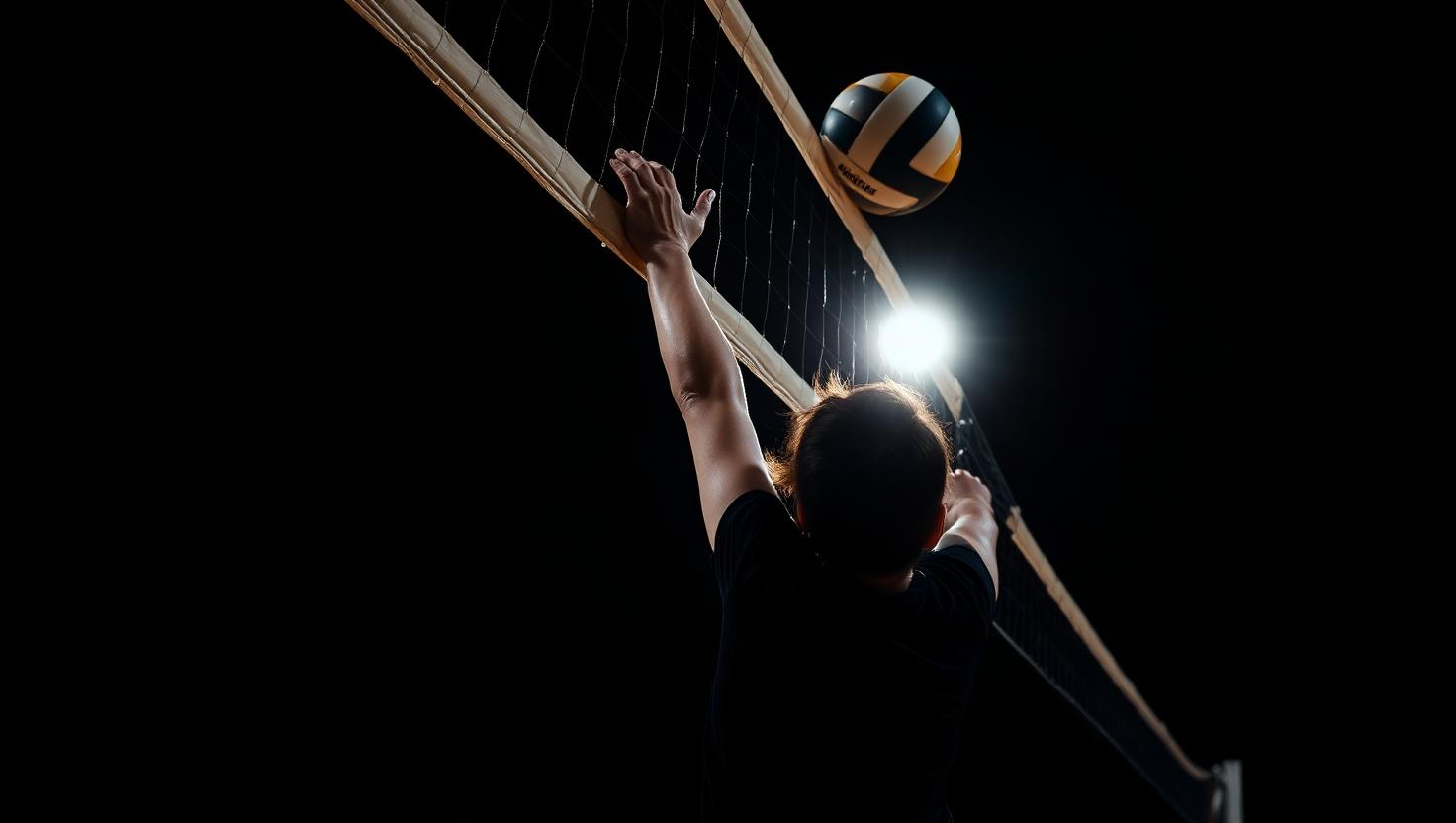 A volleyball player reaching for the ball above the net in the dark